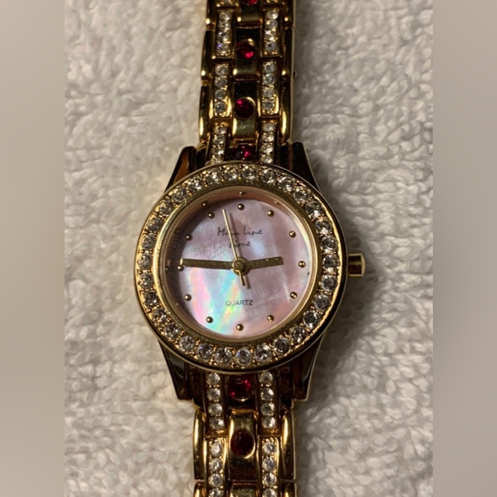 #J946 - Main Line Time Brand Gold-tone w/Red & Clear CZ Accents Ladies Watch